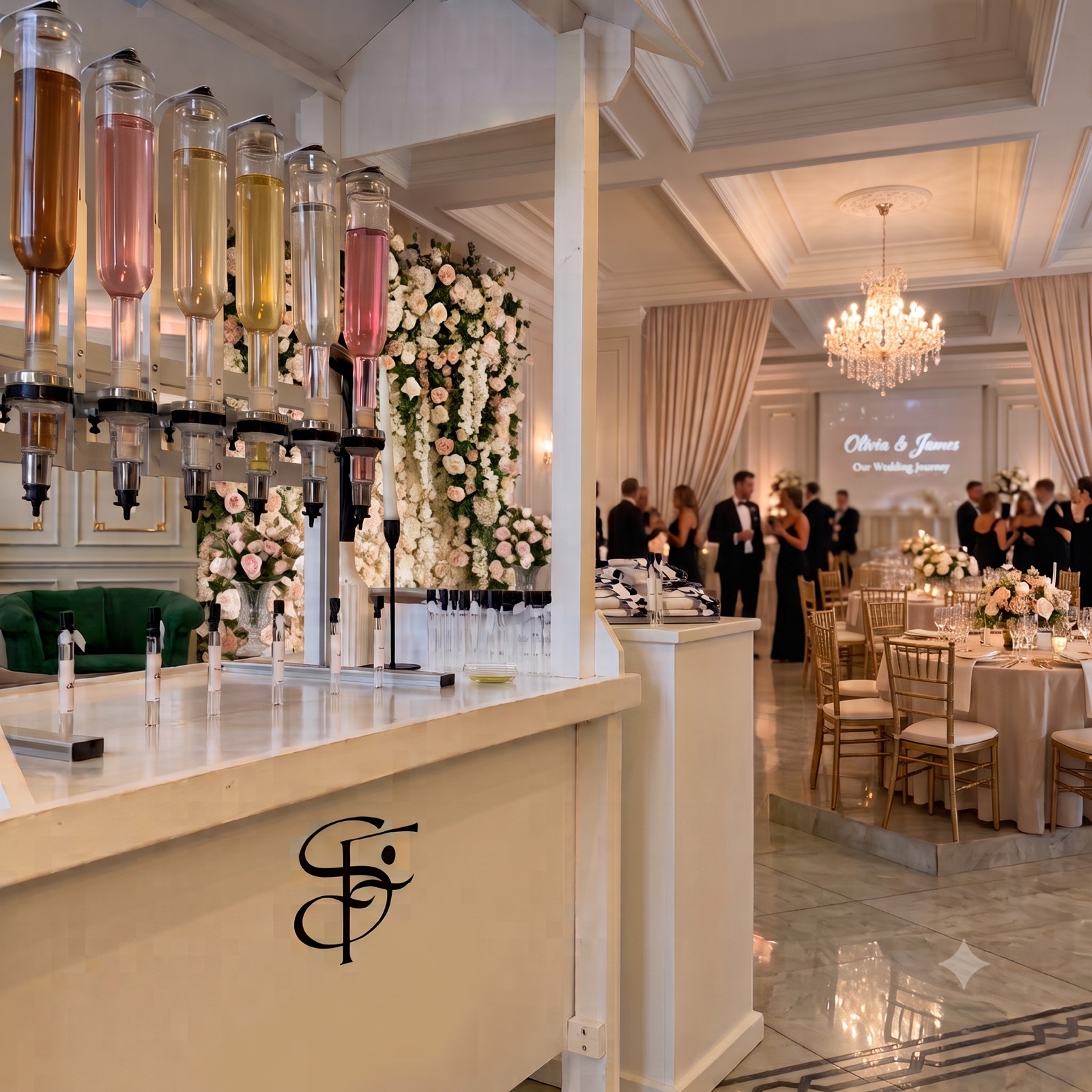 The Sillage fragrance bar with fragrance dispensers and sample vials at an elegant wedding reception
